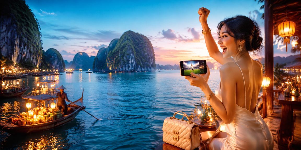 Người phụ nữ Việt Nam tận hưởng giải trí trực tuyến với nền cảnh Vịnh Hạ Long