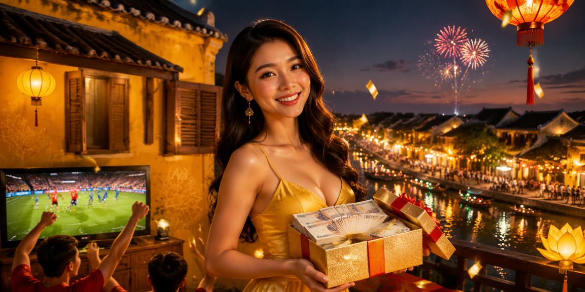 Cảnh chợ đêm Hội An với người dùng truy cập nền tảng cá cược thể thao qua điện thoại